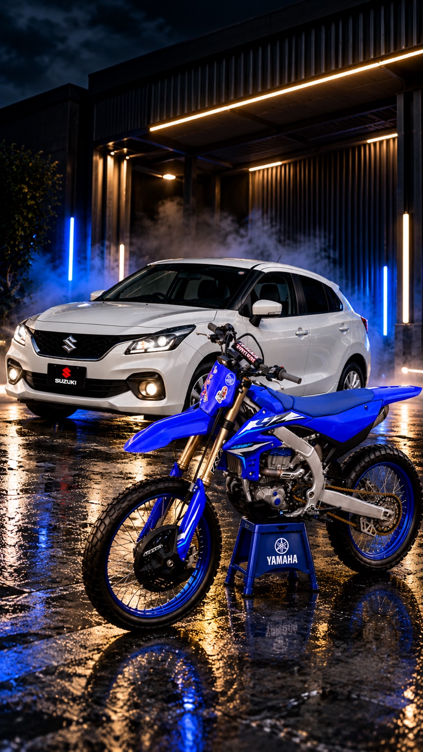 Suzuki Baleno blanco y Yamaha azul